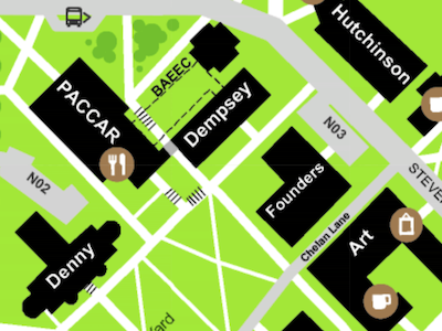 Paccar and Hutchinson Halls on Campus Map