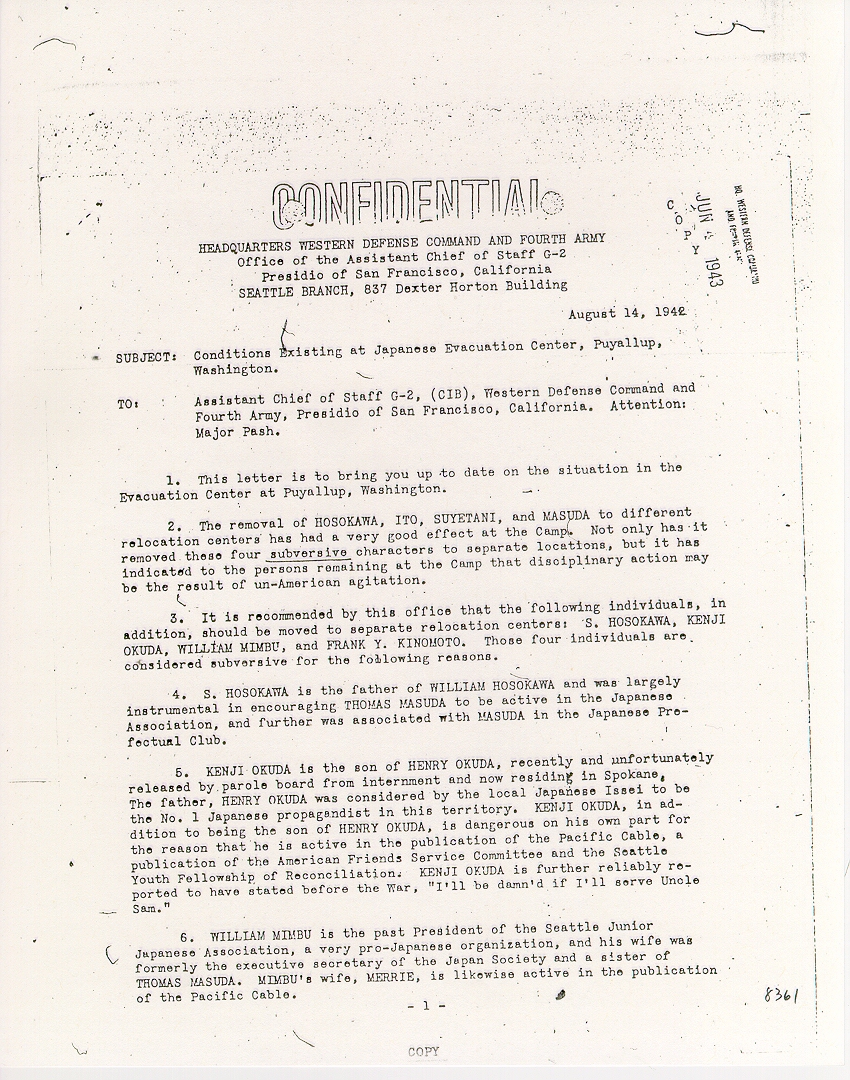 Page 1, Confidential report from the Headquarters Western Defense Command and Fourth Army dated August 14, 1942