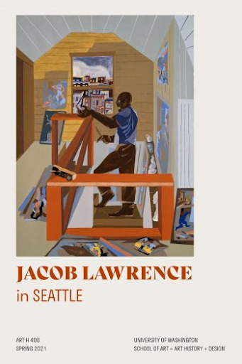 Cover art of Jacob Lawrence painting with several paintings around the room.
