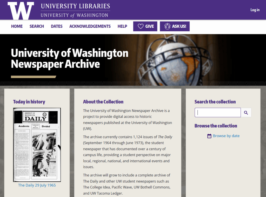 UW Newspaper Archive screen view