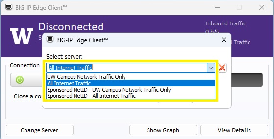 Screenshot showing how to select All Internet Traffic from the drop-down menu