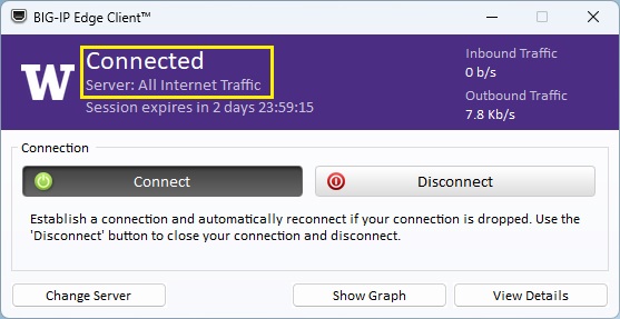 Screenshot showing that the user is Connected