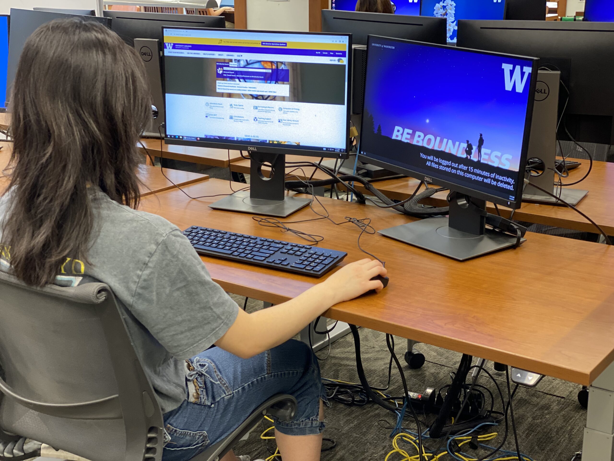Student using a computer in a library lab.