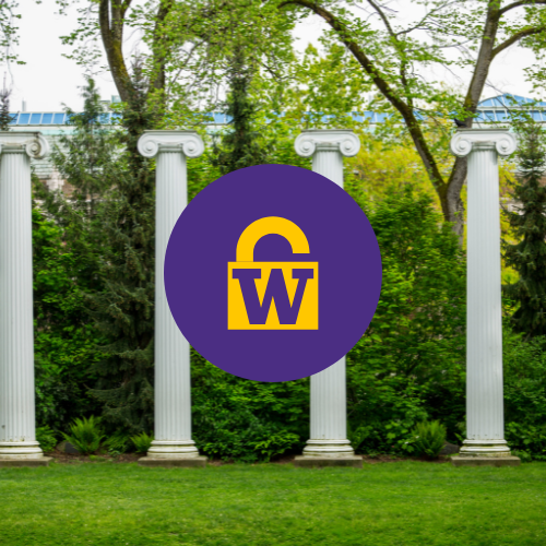 Photo of the columns in UW's Sylvan Grove, overlaid with ann image of a lock icon