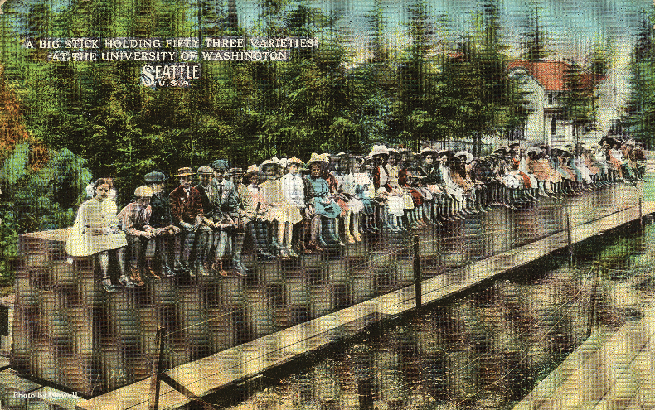 Children sitting on The Big Stick at the Forestry Building, Alaska Yukon Pacific Exposition Children's Day, Seattle, Washington, June 5, 1909. Frank H. Nowell Alaska Yukon Pacific Exposition Photographs. PH Coll 727