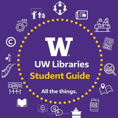 a logo image with "UW Libraries Student Guide" surrounded by libry icons for all kinds of resources and activities 