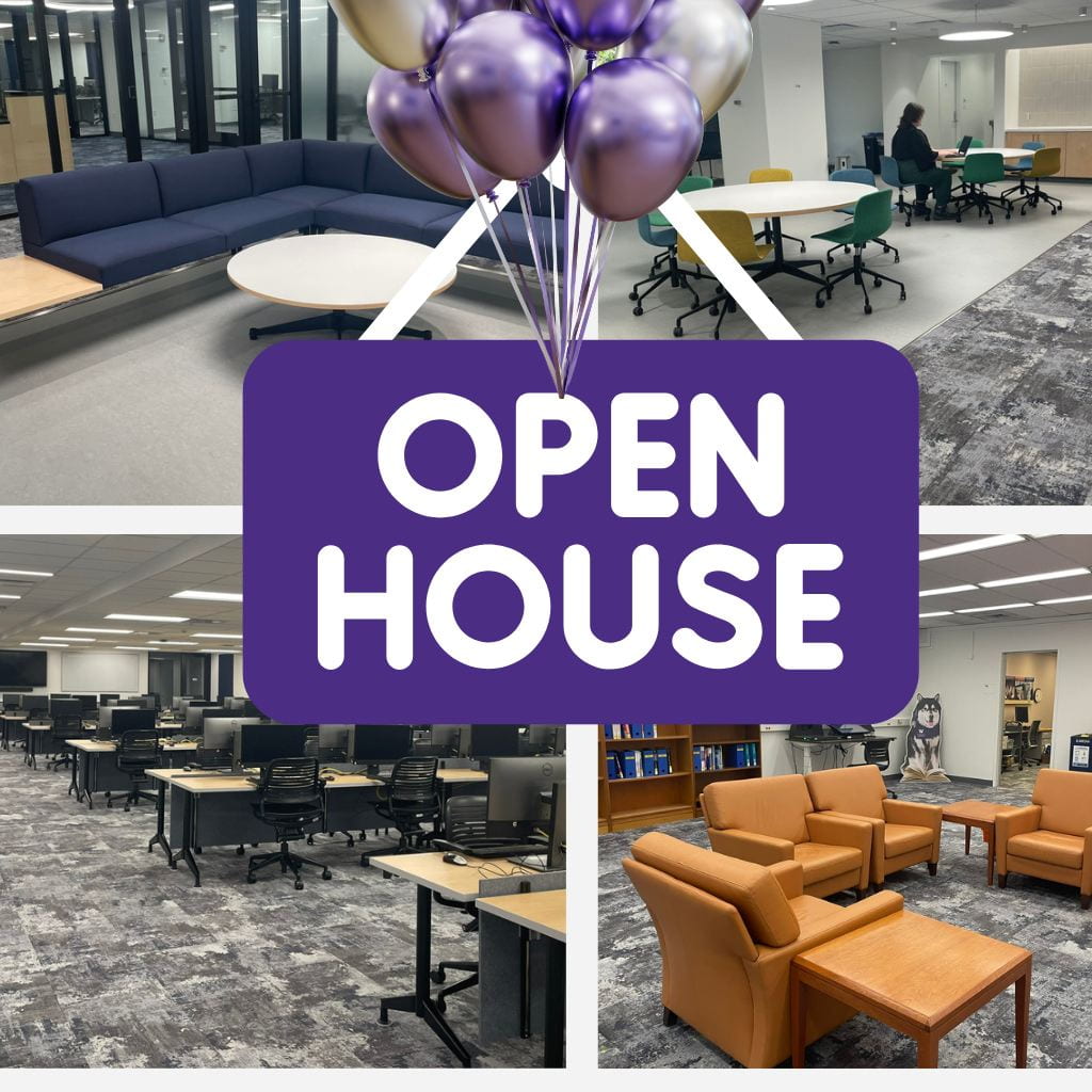 images of study spaces and classrooms with an "open house" sign