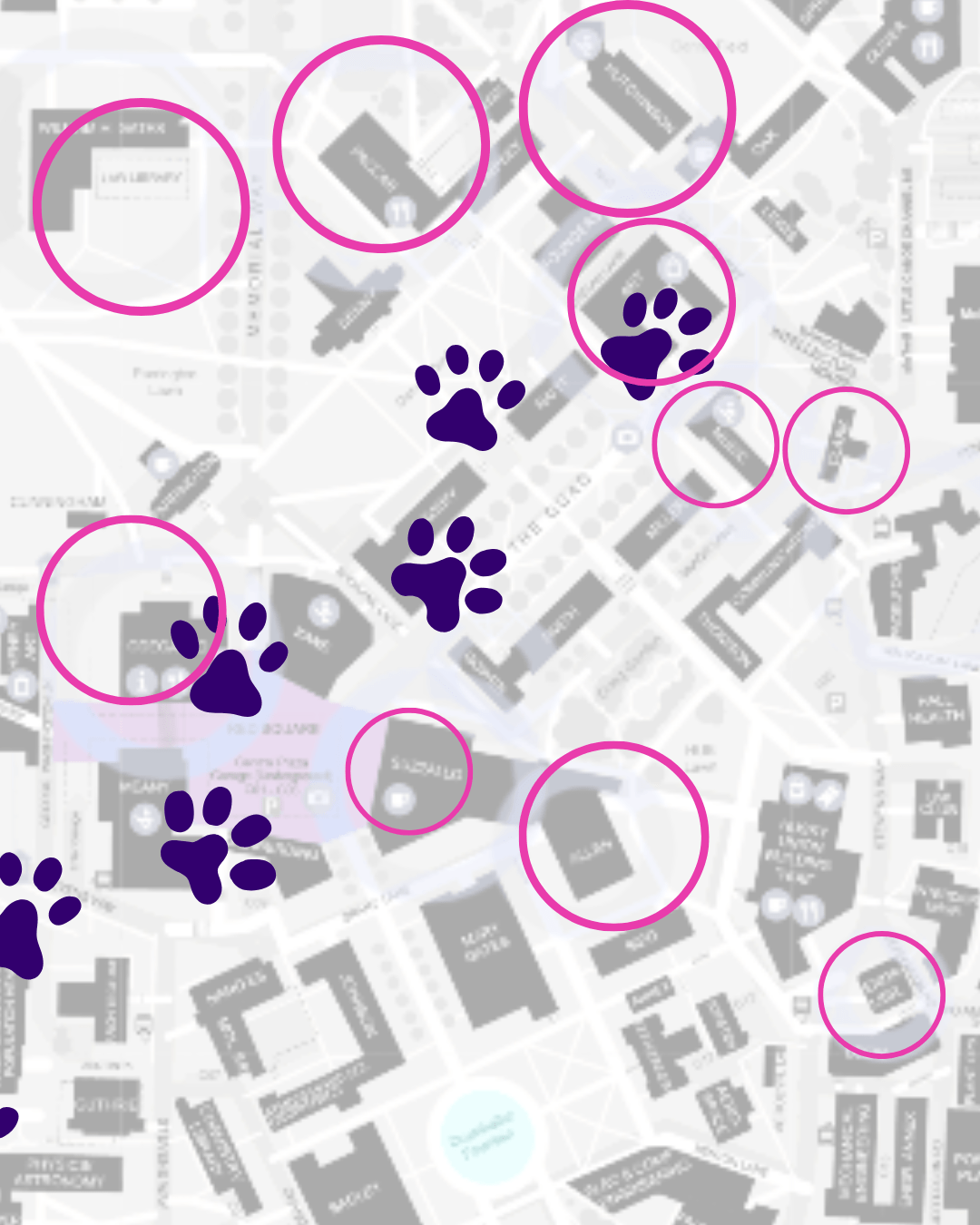 campus map with many circles showing library locations