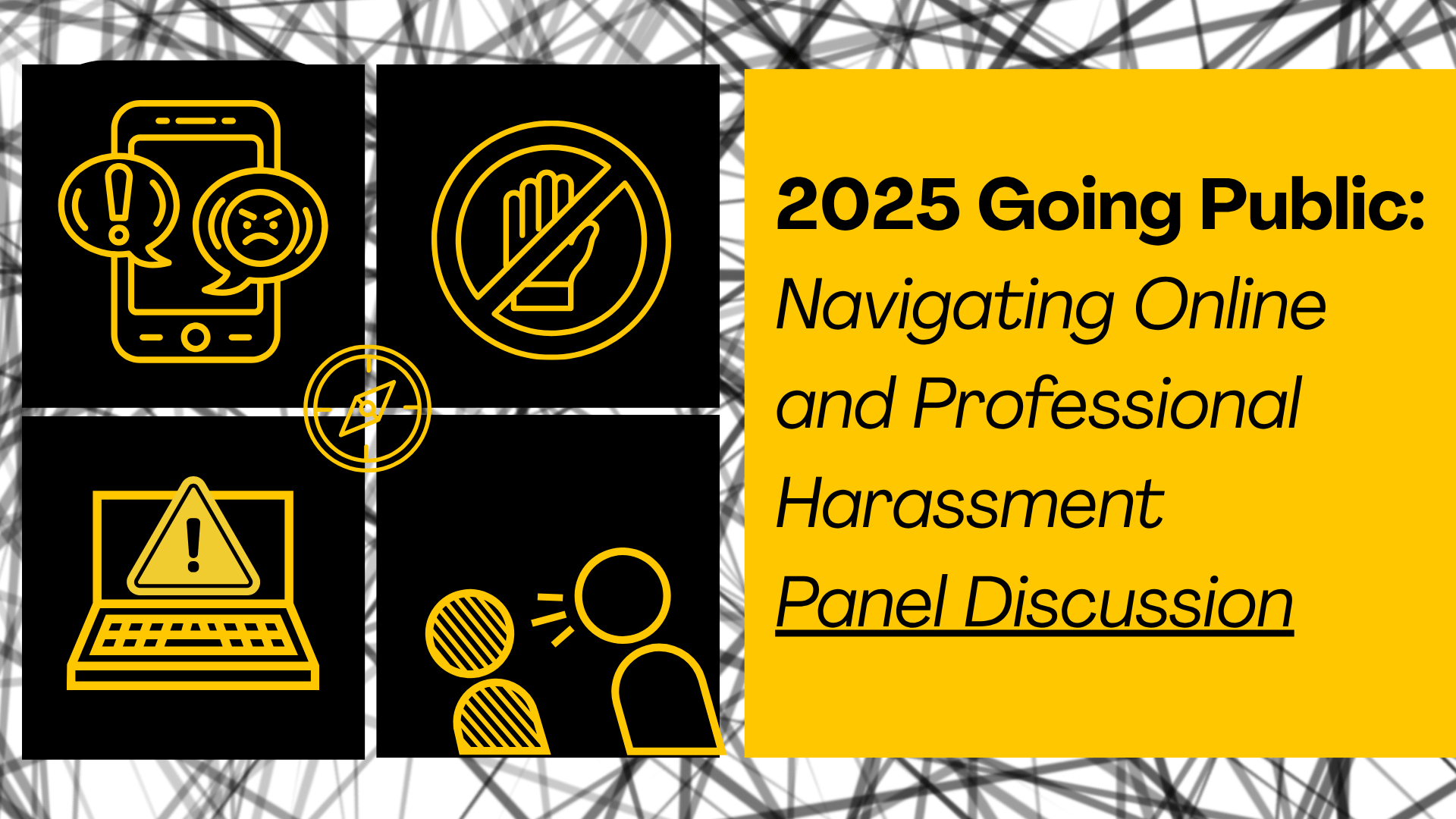 event graphic showing different icons that communicate harassment and the text/title of event