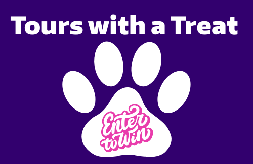 I graphic that says "Tours with a Treat" and paw print that says "enter to win"