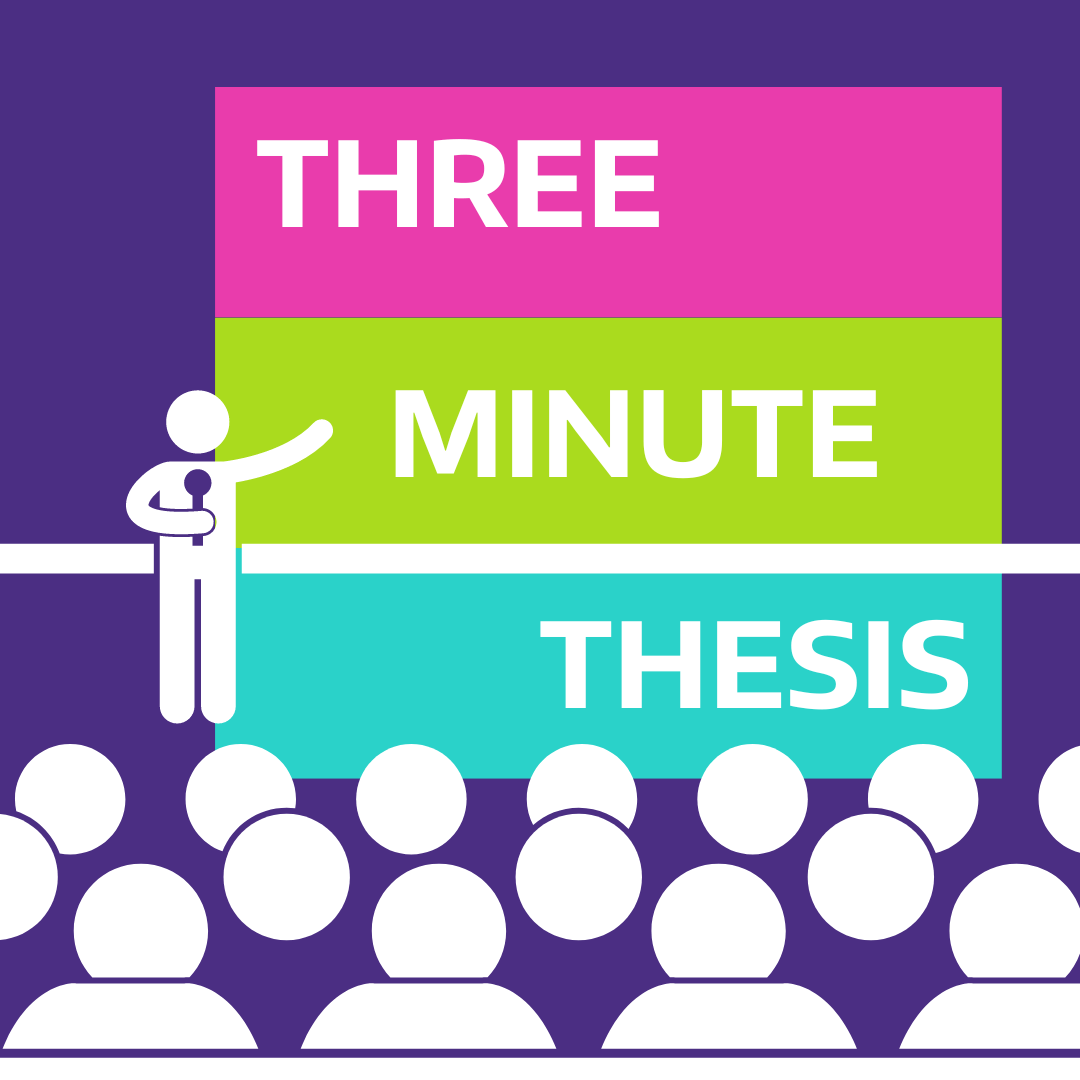 3 minute thesis logo- stick figure standing in front of a crowd with microphone