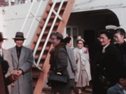 Alt text photo: film image of boat passengers from Japan Trip #1: Harry Teickichi Kawanishi home movies