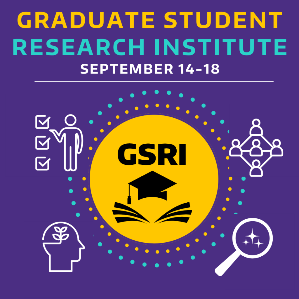 Graphic various icons depicting learning and connection for the Graduate Student Research Institute