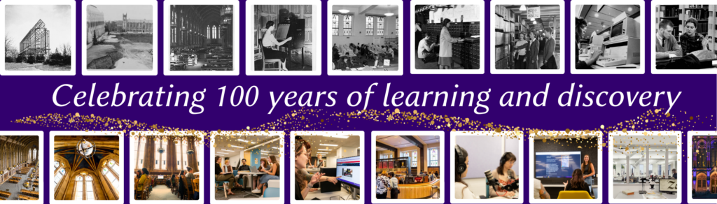 image of a film strip of photos of suzzallo over the decades with the headline "Celebrating 100 years of learning and discovery"