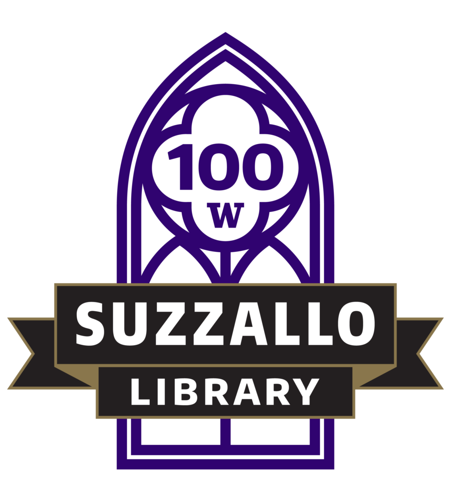 Suzzallo 100 Logo shaped like a stained glass window with "100" and "Suzzallo Library"