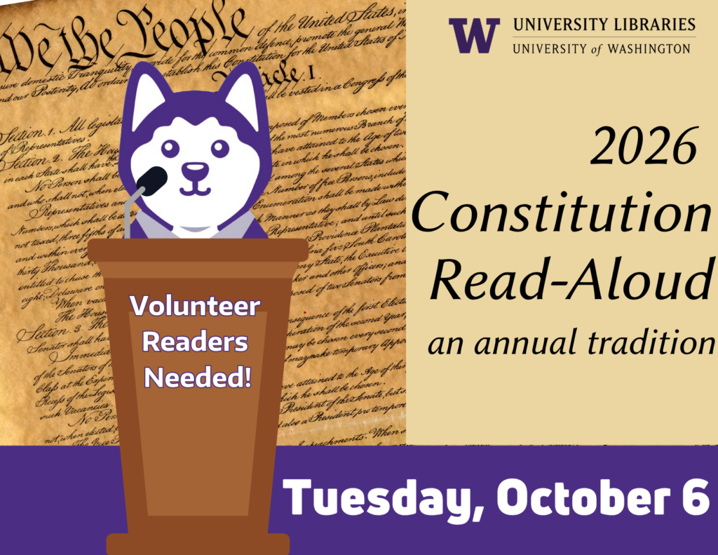 graphic: cartoon husky reading from a podium: October 6th Constitution Reading, Volunteers wanted