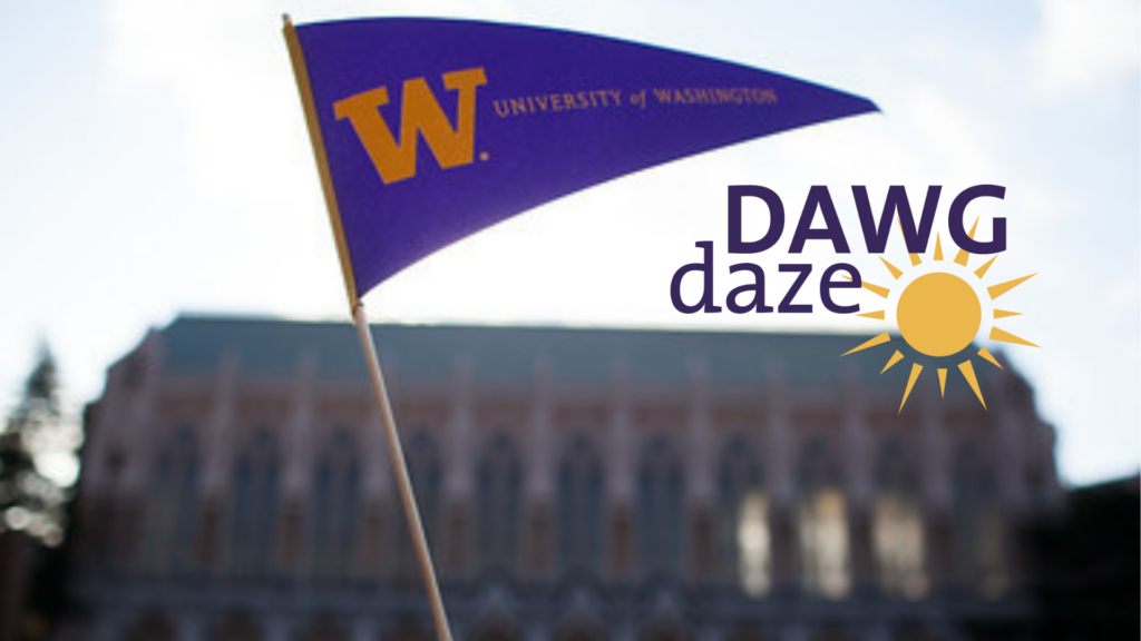 Dawg Daze logo above library with UW flag