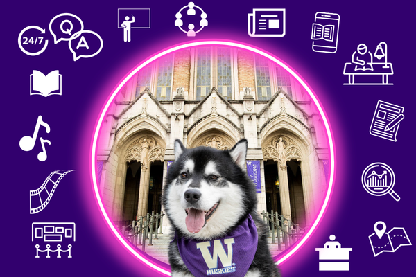husky dob "Dubs" in front of library with icons of services