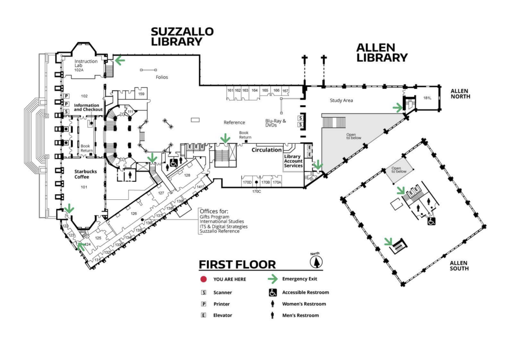 map of the first floor of Suzzallo and Allen Libraries