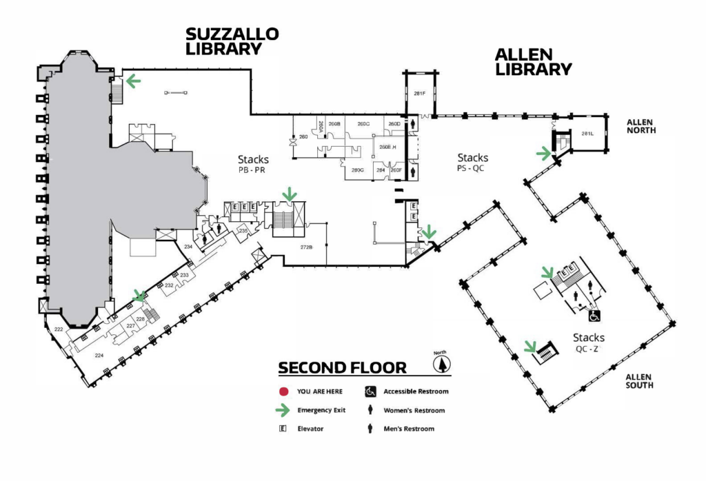 map of the second floor of Suzzallo and Allen Libraries