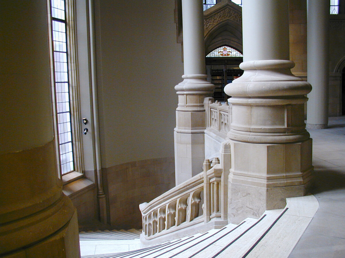 View of the Grand Staircase from the south side of the 3rd floor, Suzzallo Library.